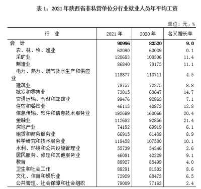 2021年陕西省非私营单位就业人员年平均工资达90996元，软件和信息技术服务业成高薪领跑者